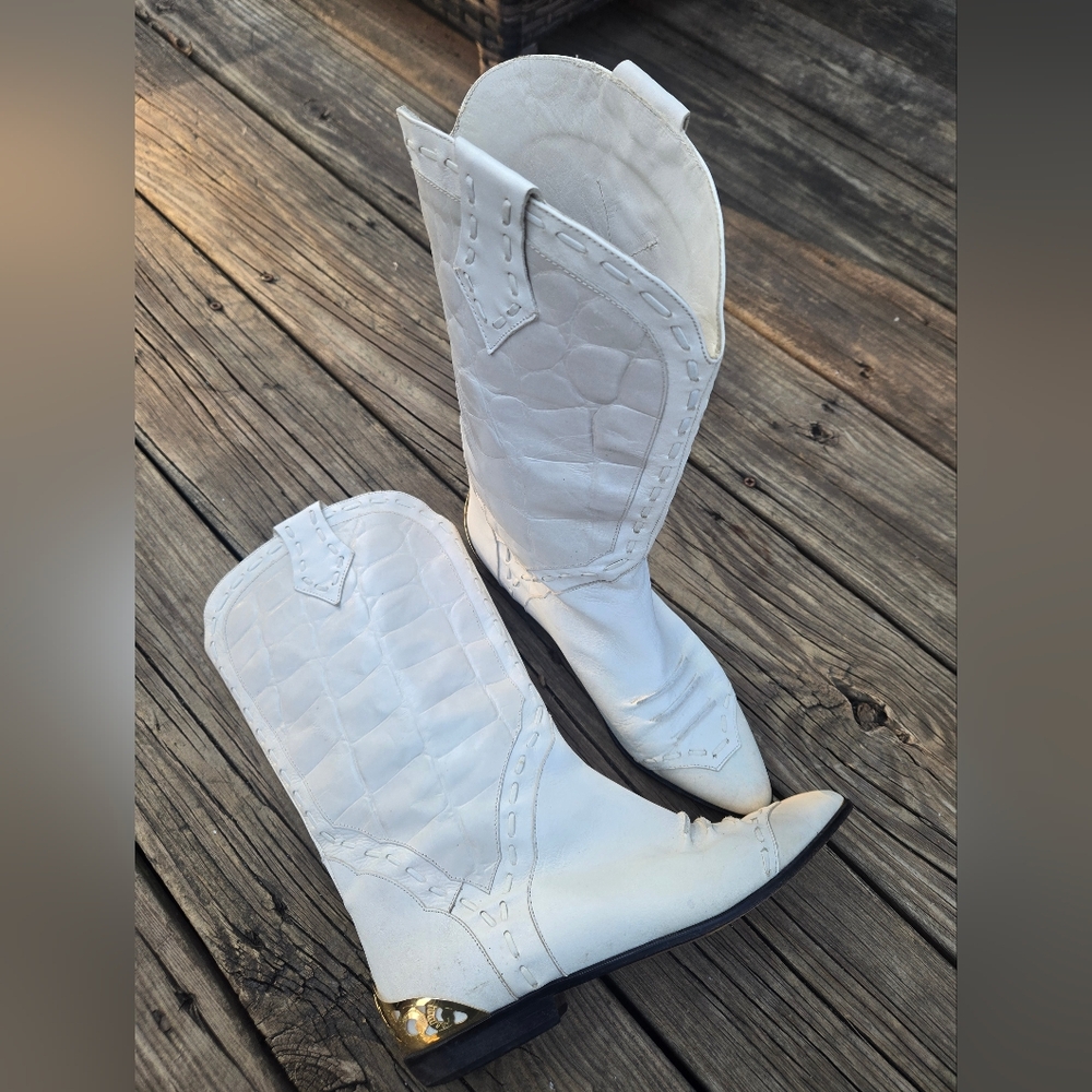 Vintage B.L.T. SANTA BARBARA White Caiman Tail Cowboy Boots Made in Italy Sz7.5